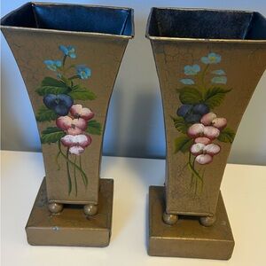 Vintage Toleware Tin Jardinieres  Hand-Painted 
Floral Pair